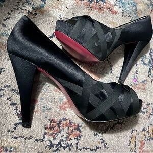 Paris Hilton Black Satin Peep-Toe Platform Heels with Pink Soles